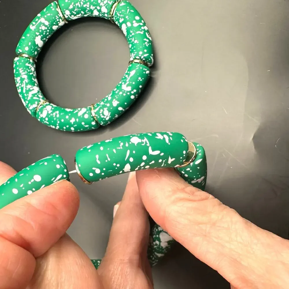 Green Tube Stretch Bracelet Set of 2 Bracelets Splatter Modern White Lot Casual
